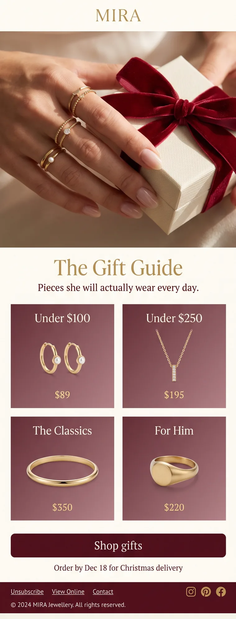 MIRA Gift guide email