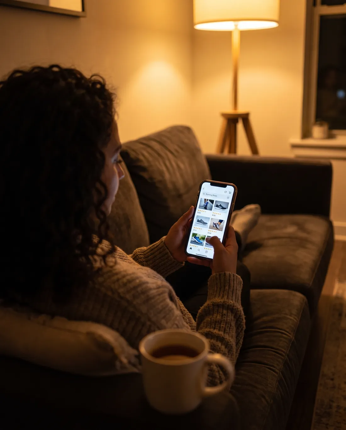 Shopper browsing product results on her phone